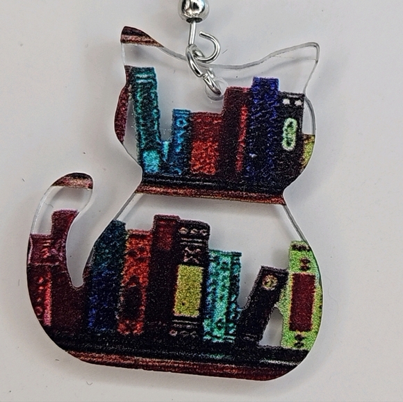 Cat Shaped Bookshelf Dangle Earrings  Lightweight Colorful Statement Jewelry NEW - Picture 4 of 9